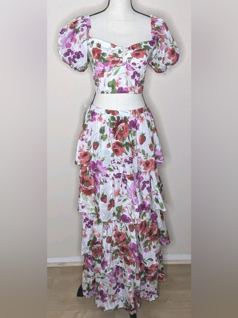 Abercrombie & Fitch White/Pink Strawberry Floral Tiered Maxi Skirt & Top Set